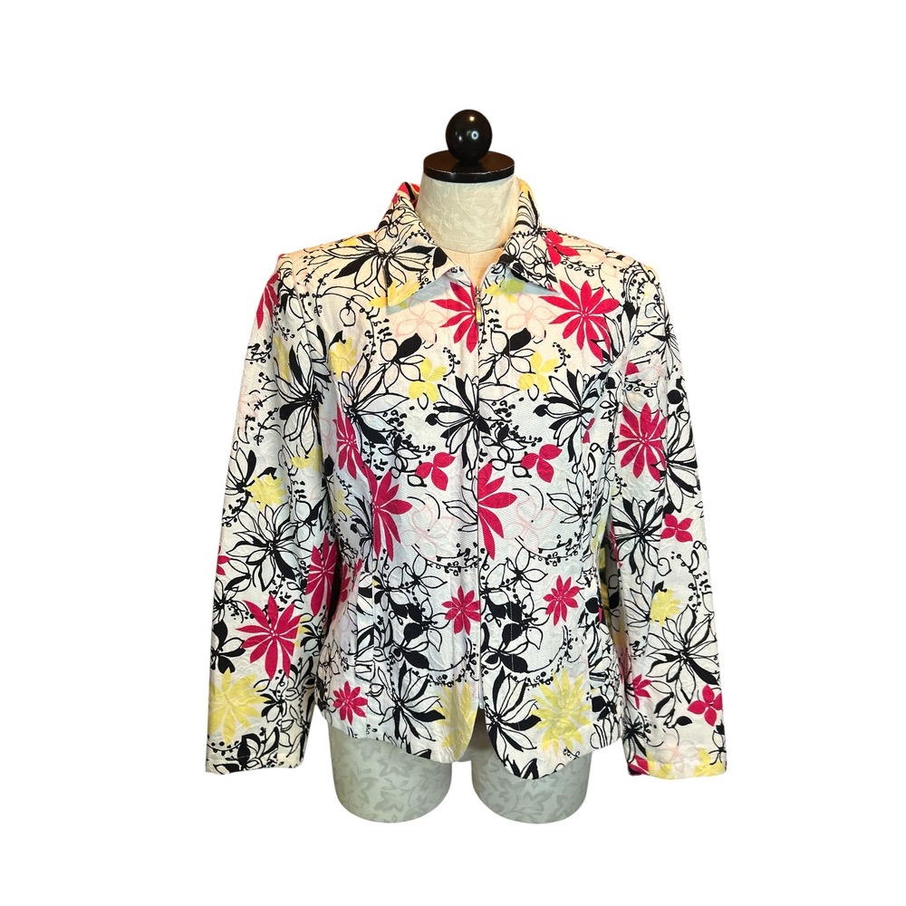 Oscar de la Renta Floral Zip Front Jacket White Pink Yellow Workwear Size 12
